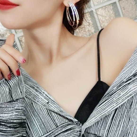 Gold Multilayered Crystal Hoop Earrings - Picture 5 of 6